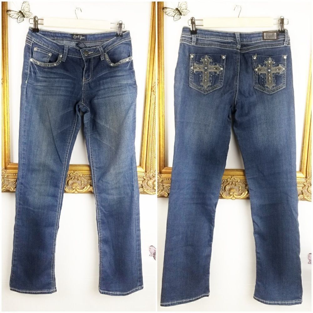Earl distressed embellished pocket drk wash slim boot cut